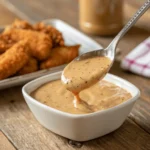 Close-up of a spoon dipping into Easy Raisin Cane's Sauce with chicken tenders in the background
