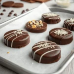 Close-up of chocolate-covered Oreos arranged on parchment paper