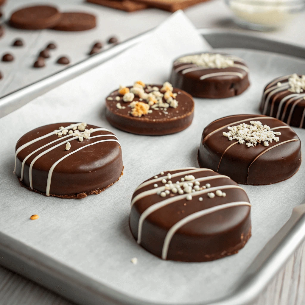 Close-up of chocolate-covered Oreos arranged on parchment paper