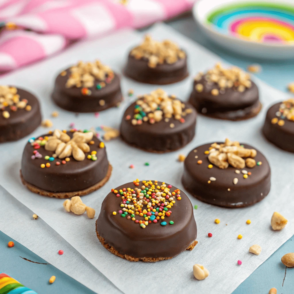 Chocolate covered Oreos decorated with crushed nuts and colorful sprinkles