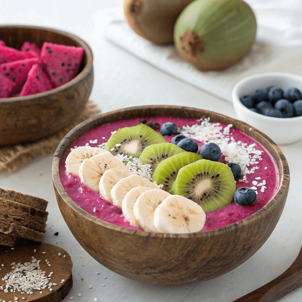 A close-up of dragon fruit chunks with a smoothie bowl topped with chia seeds and fresh fruits.