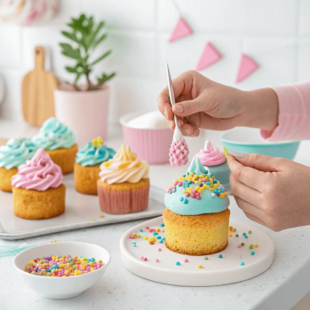 Decorating mini cakes with frosting and sprinkles