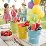 Colorful popsicle display buckets filled with homemade fruit popsicles at a kids' party