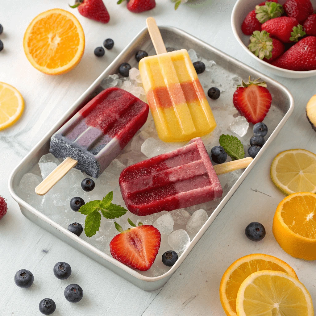 Colorful homemade fruit popsicles with berries, citrus, and ice cubes
