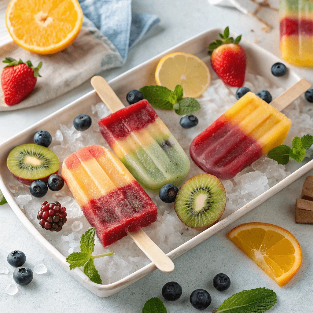 Colorful homemade popsicles made with fresh fruits displayed on ice for summer.