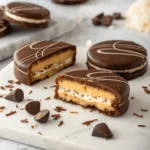 Stack of chocolate covered Oreos with nut butter and coconut cream fillings
