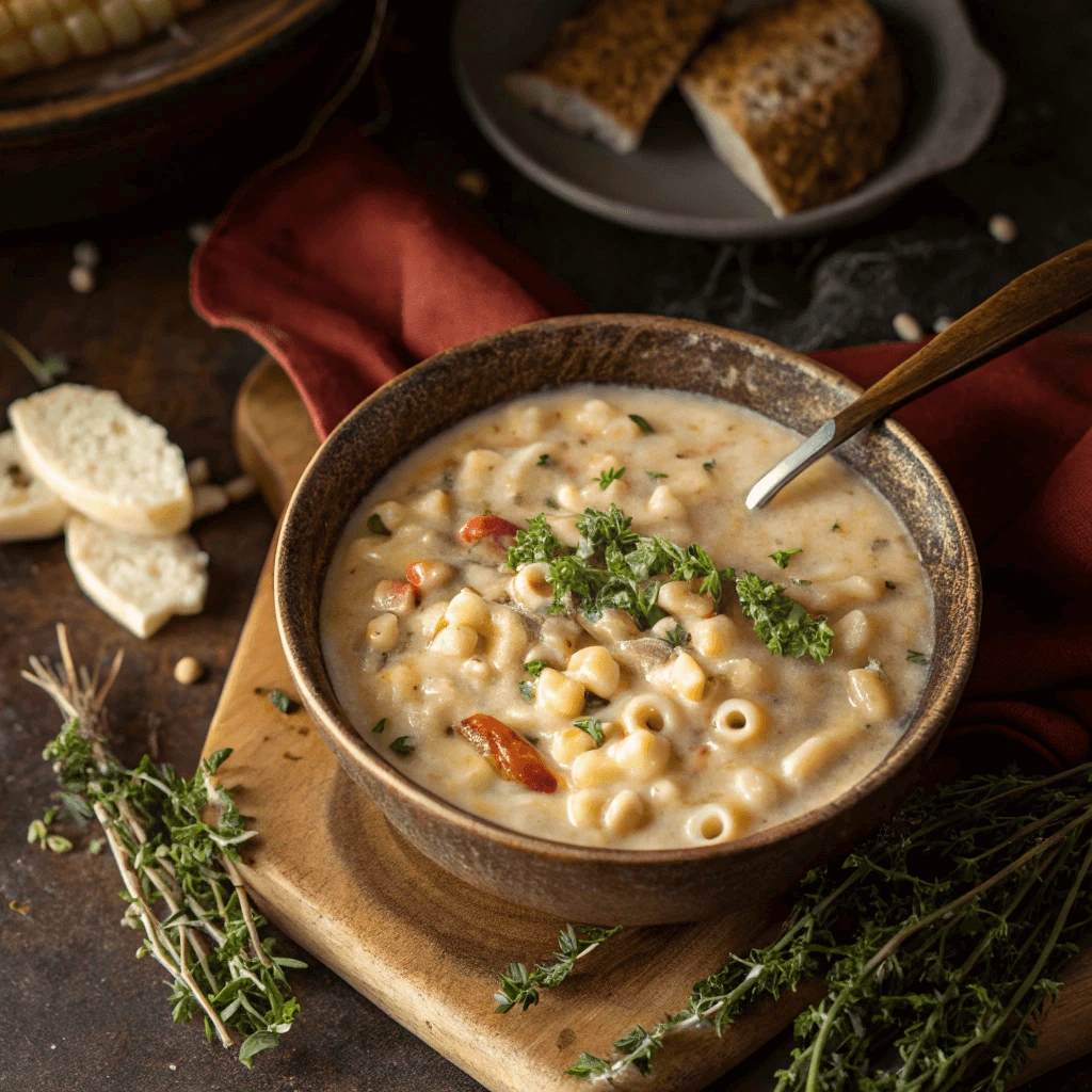 Delicious creamy white bean healthy ditalini pasta soup served in a bowl