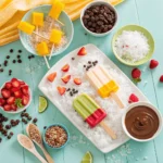 Creative popsicle bar setup with toppings like coconut flakes, chocolate, and fruit