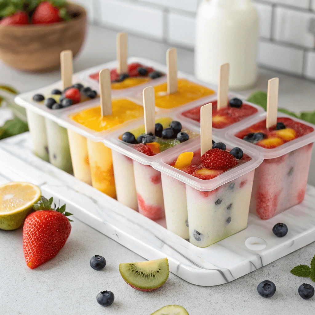 DIY popsicle molds filled with colorful fruit mixtures ready to freeze