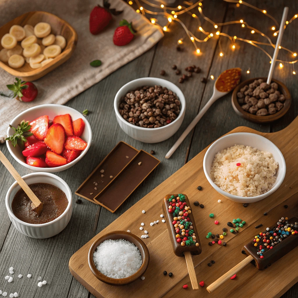 DIY toppings bar with crushed nuts, coconut, and dips for customizing homemade popsicles