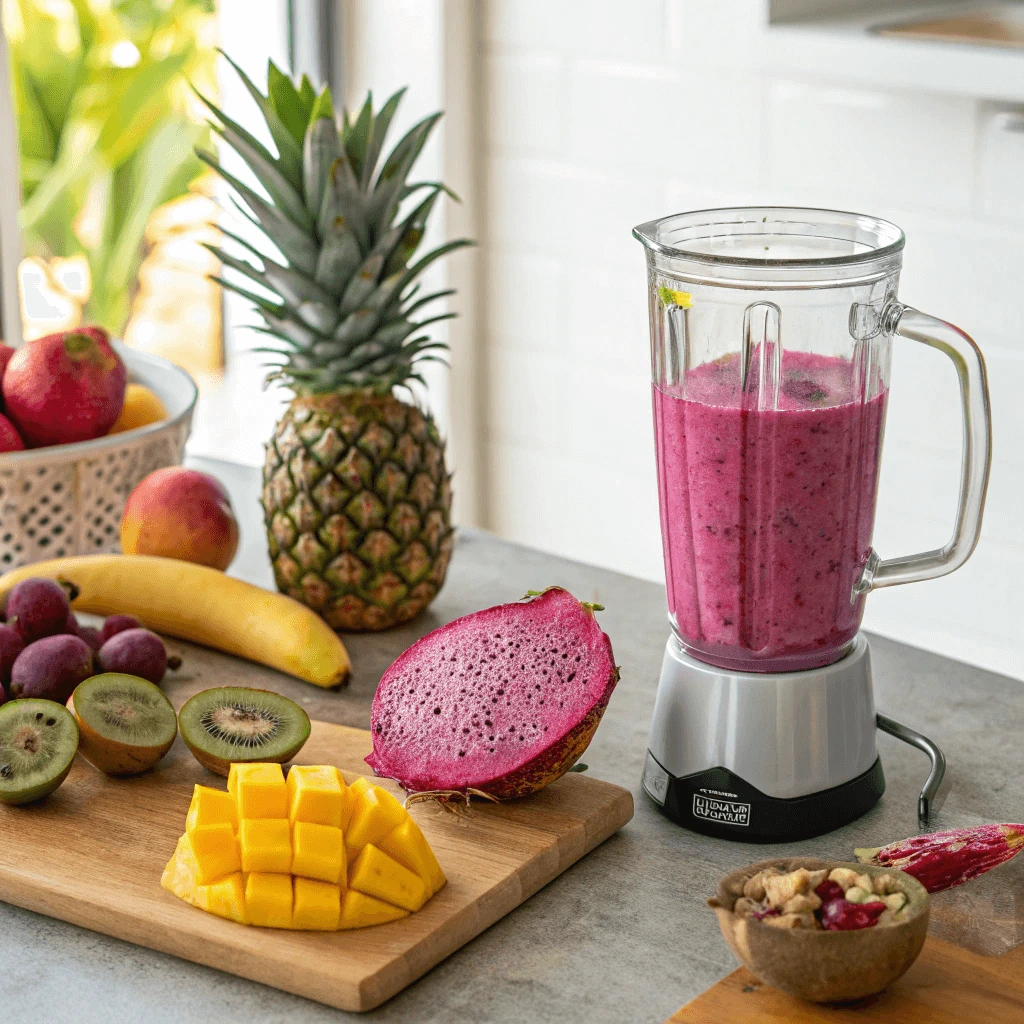 Dragon fruit smoothie in a blender, with fresh dragon fruit and tropical fruits around it.