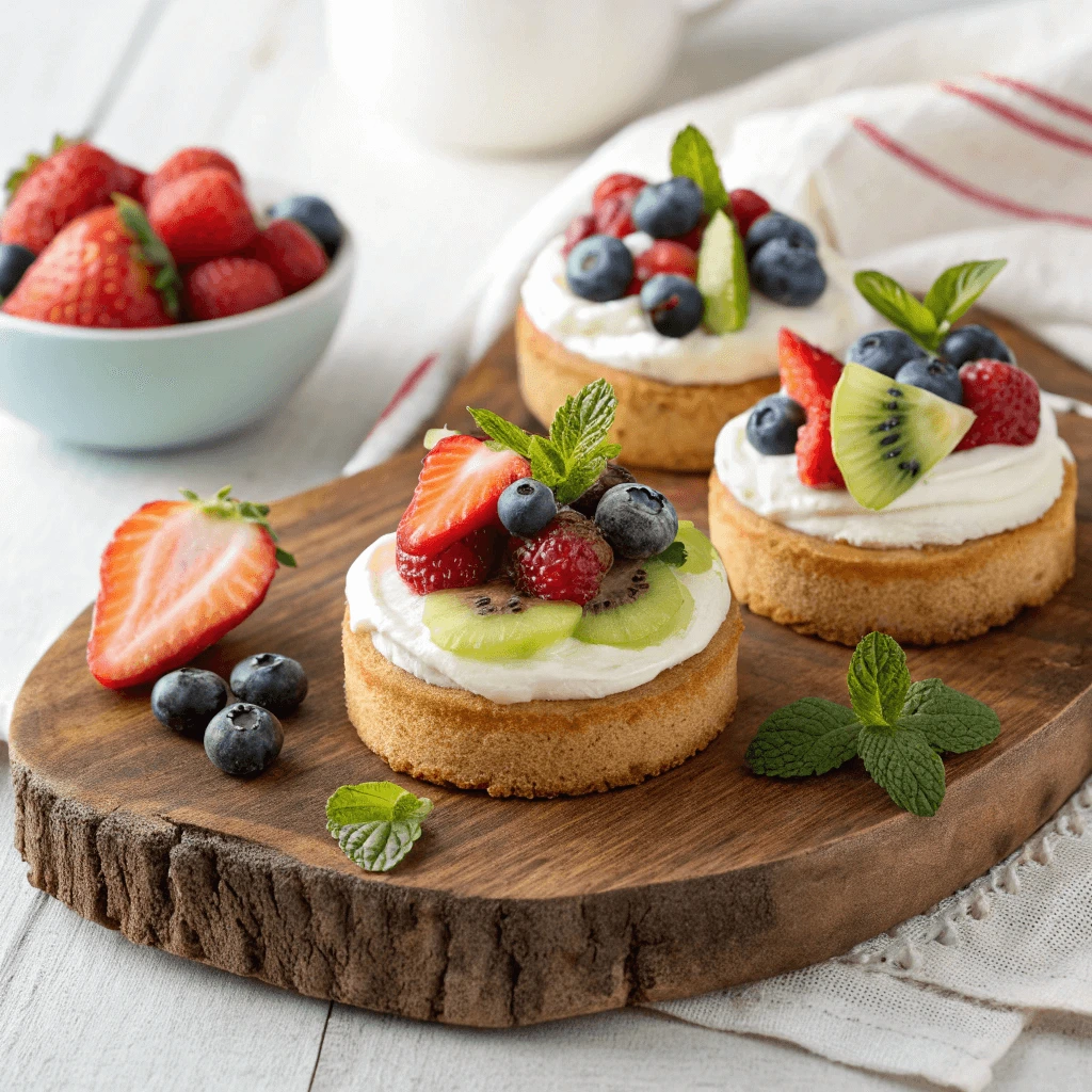 Easy mini cakes recipe with healthy frosting and fresh fruit topping
