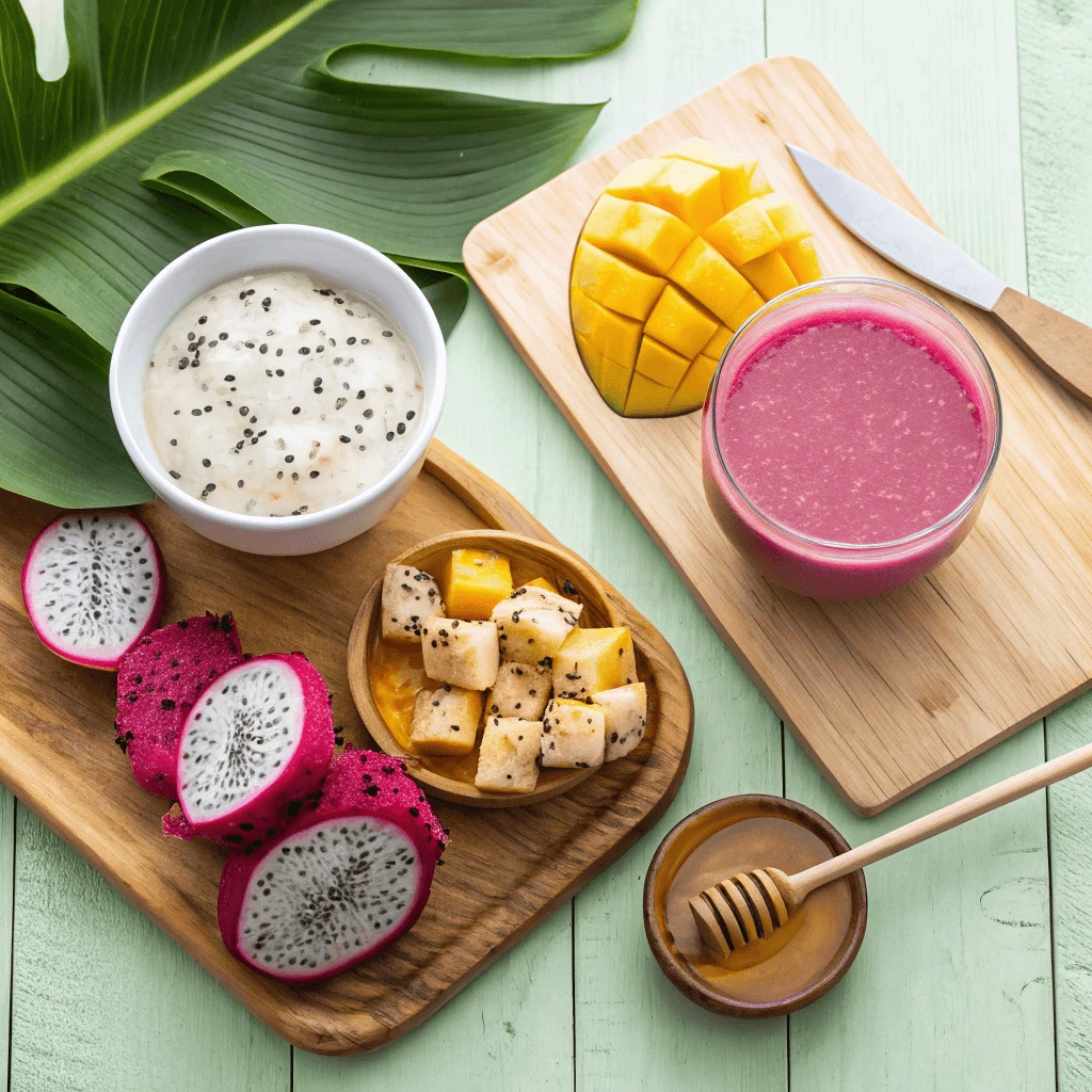Dragon fruit, banana, and almond milk arranged on a kitchen counter