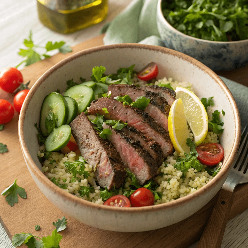Steak salad bowl with quinoa, fresh herbs, lemon dressing, and grilled flank steak