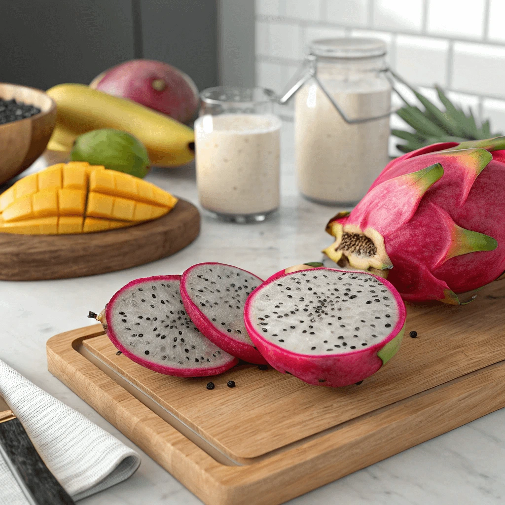 Close-up of sliced dragon fruit ready to blend into a smoothie