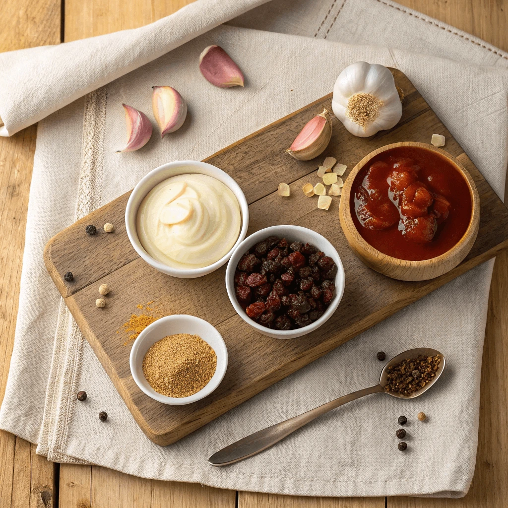 Fresh ingredients for Raisin Cane’s sauce laid out on a wooden board