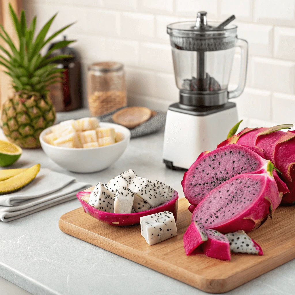Fresh dragon fruit cut open on a wooden cutting board