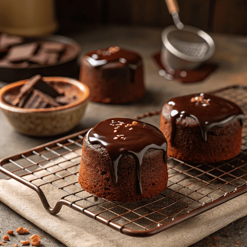 Mini chocolate cakes on a cooling rack