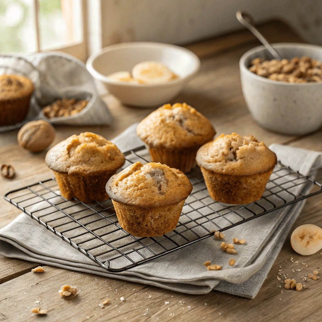 Freshly baked sourdough banana muffins cooling on a wire rack