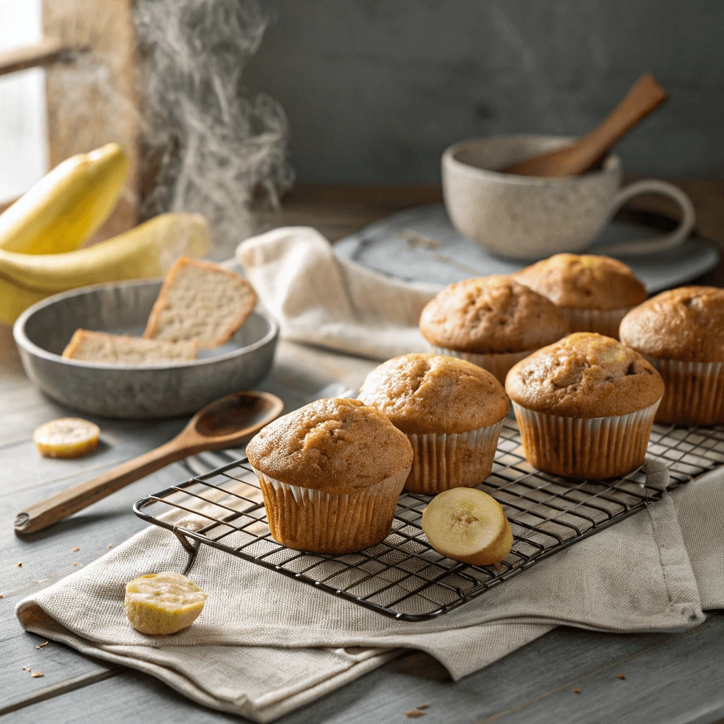 Freshly baked sourdough banana muffins cooling on a wire rack