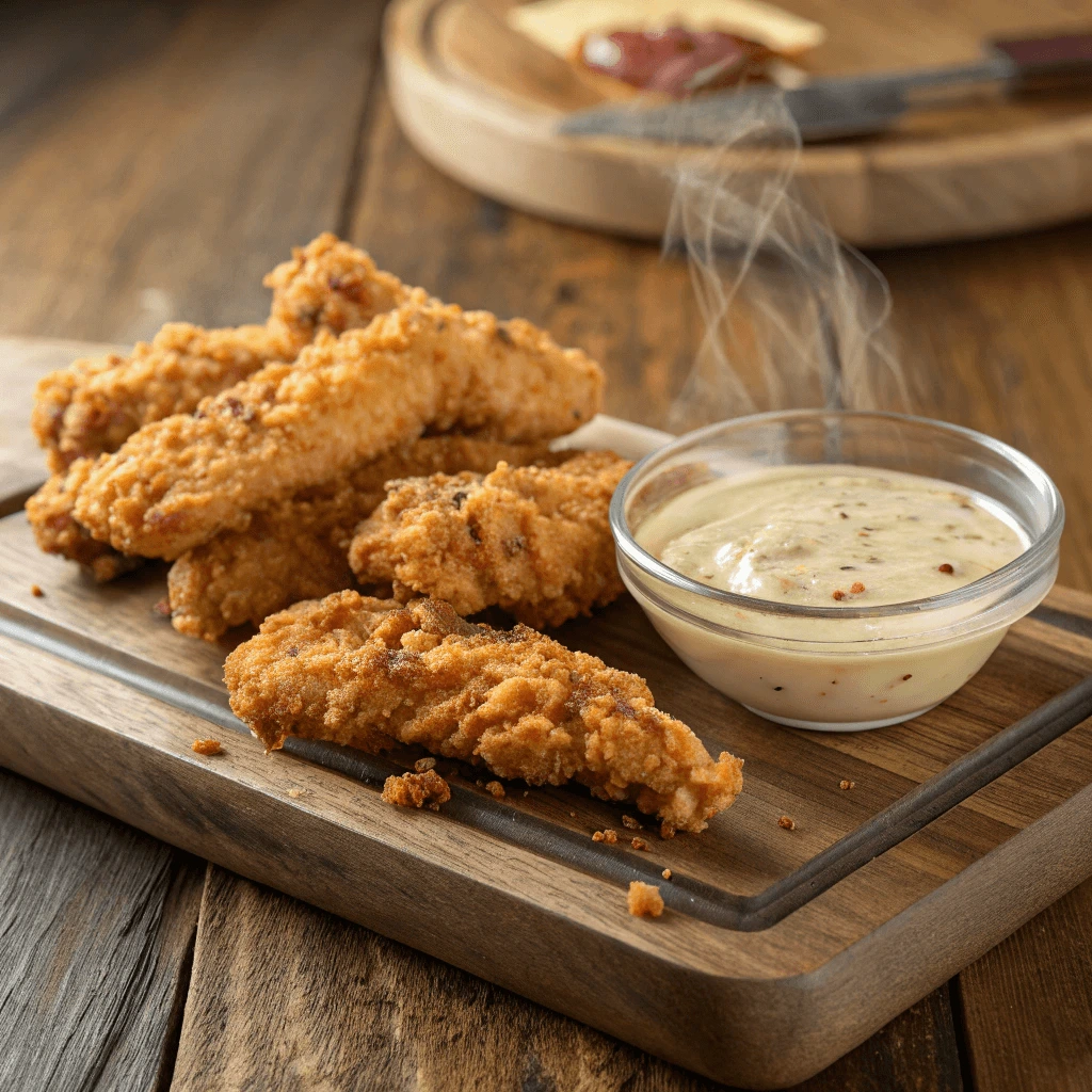 Freshly cooked chicken fingers served with Copycat Raisin Cane's Sauce