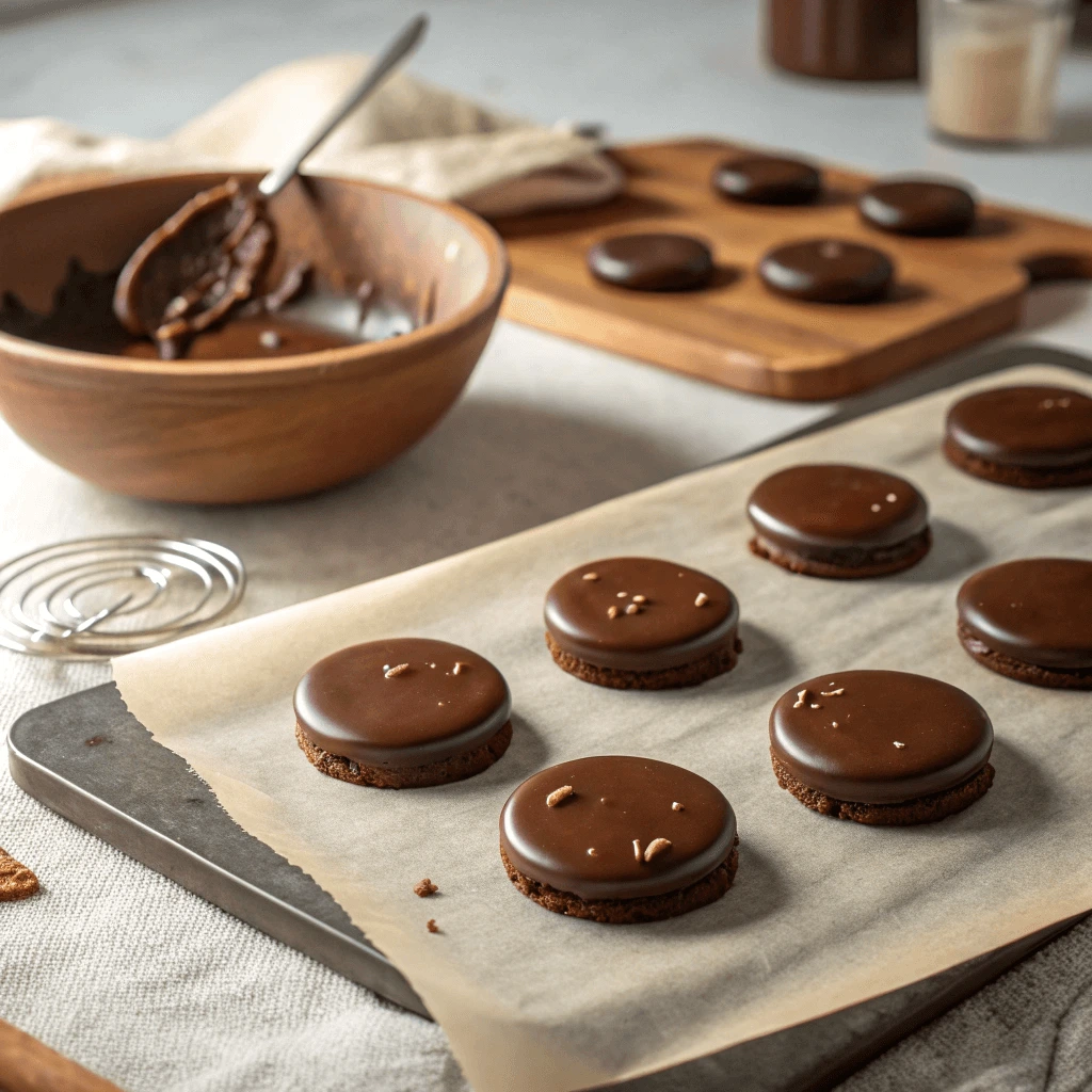 Oreo cookies dipped in melted dark chocolate on parchment paper