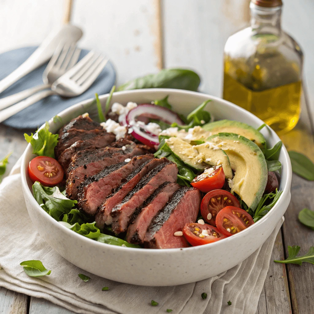 Grilled steak salad with cherry tomatoes, avocado, and mixed greens in a white bowl