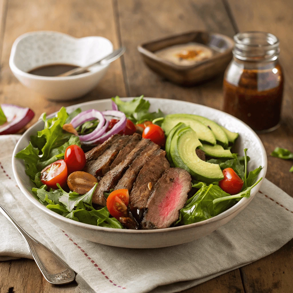 Balsamic vinaigrette being poured over a steak salad with spinach and tomatoes