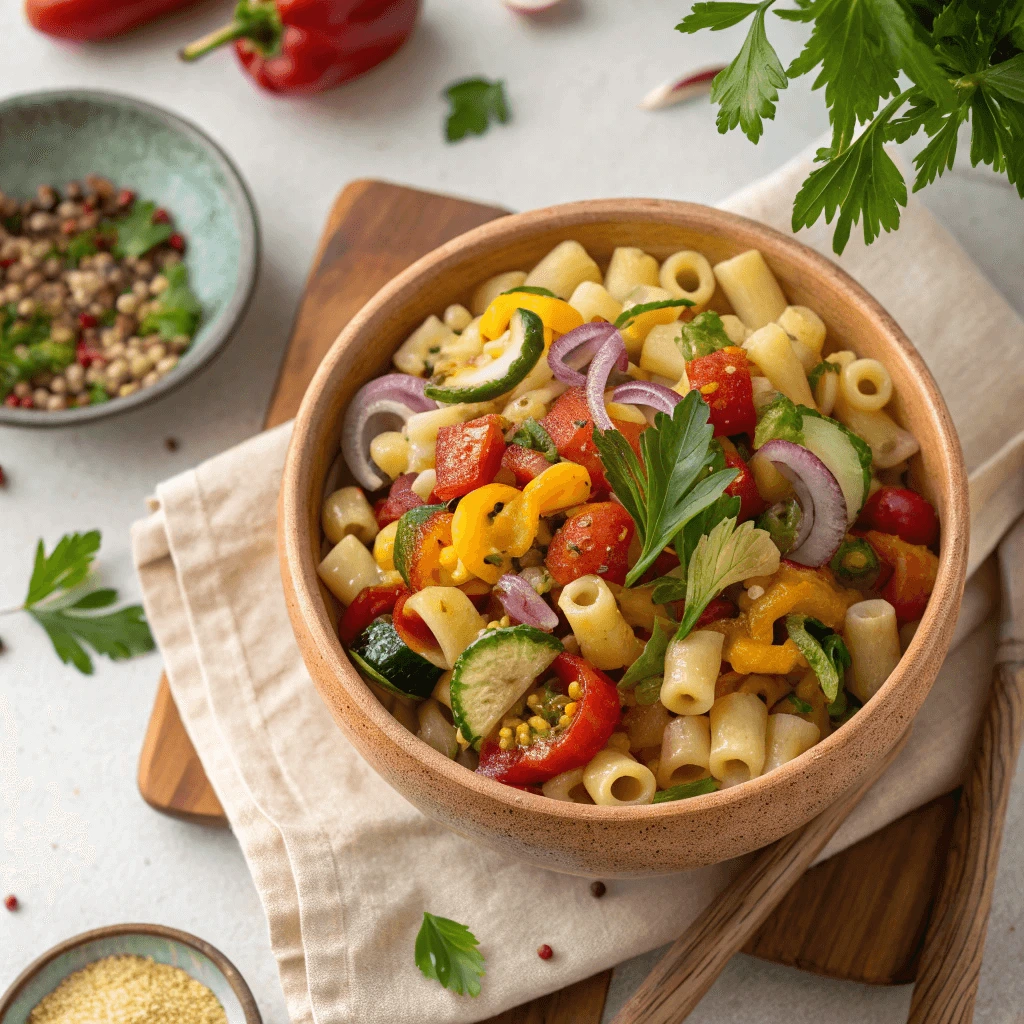 Freshly made ditalini pasta salad with roasted veggies in a serving bowl