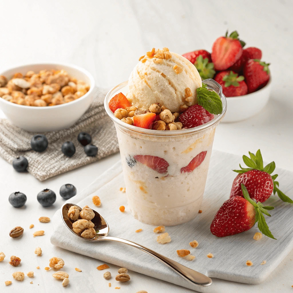 Frozen ice cream cup with a smooth texture and vibrant toppings