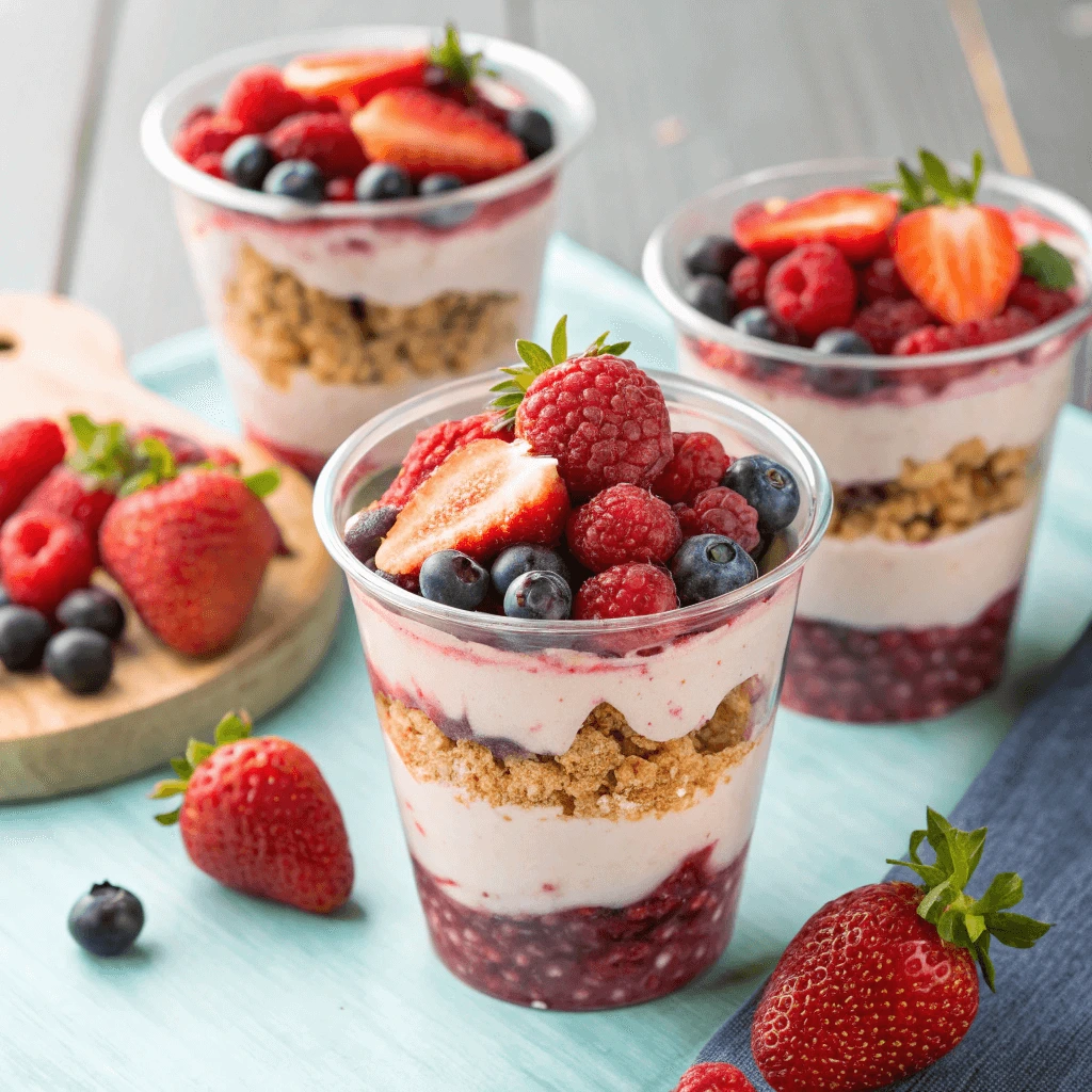 Frozen easy ice cream cups with layers of yogurt, berries, and granola