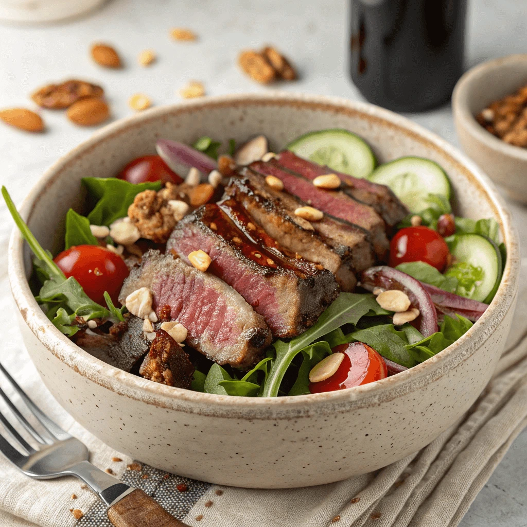 Bowl of steak salad topped with nuts, seeds, and a classic balsamic vinaigrette dressing