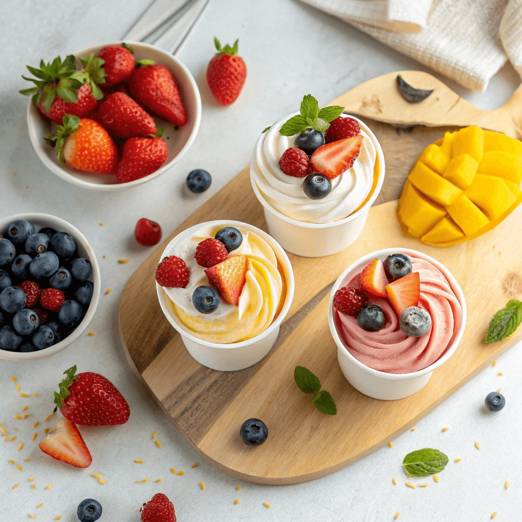 Healthy and customizable ice cream cups with fresh fruit and dairy-free whipped cream.