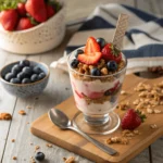 Delicious homemade ice cream cup with fresh berries and granola