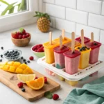 Homemade popsicles setting in silicone molds on a kitchen counter.