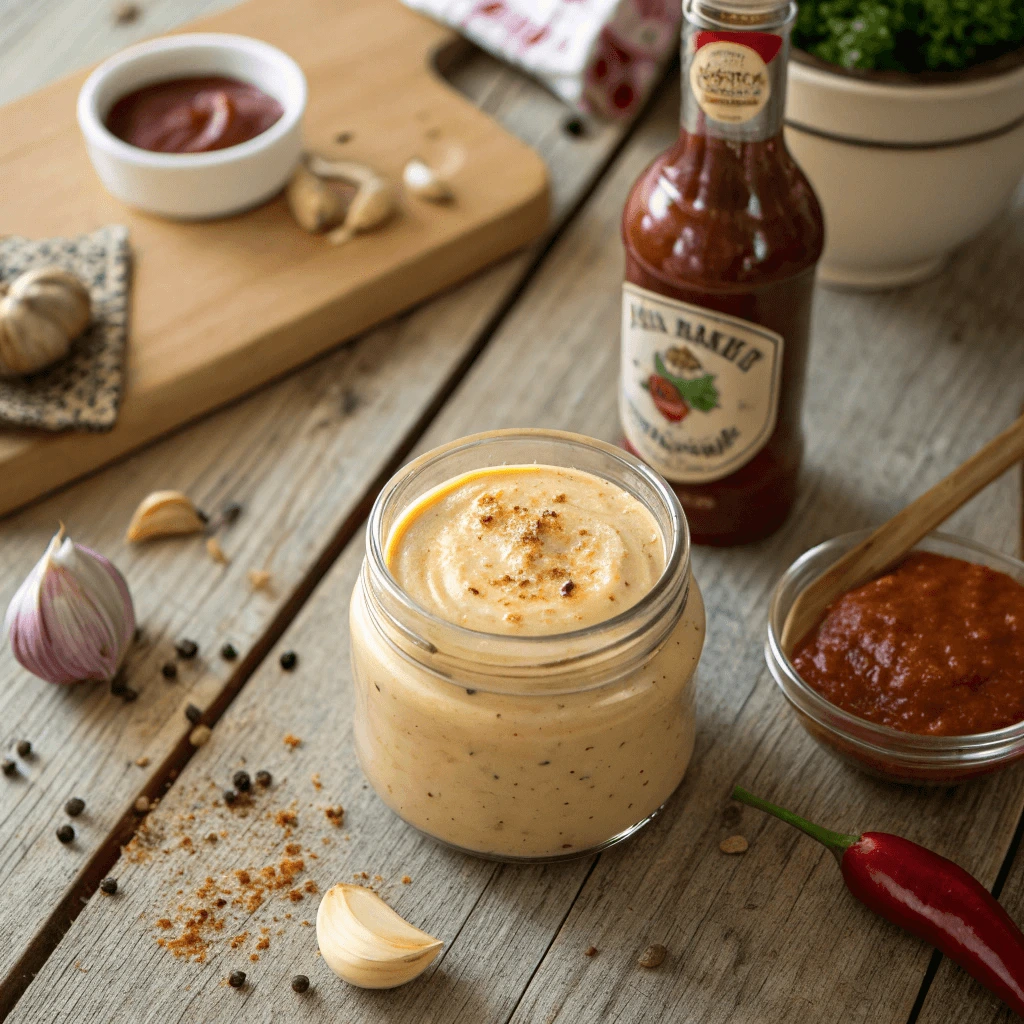 Jar of freshly made Easy Raisin Cane's Sauce with ingredients like mayo, ketchup, and spices nearby