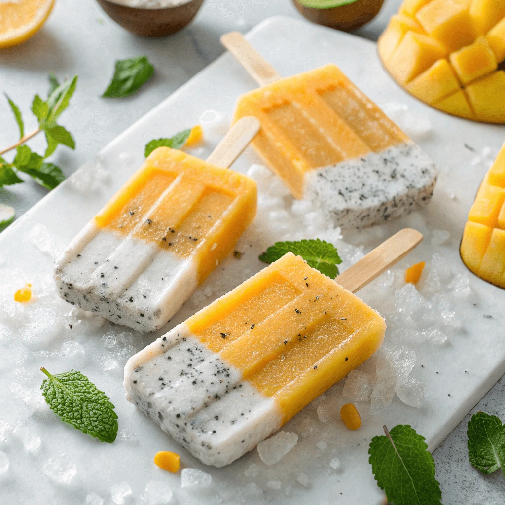 Mango coconut chia popsicles with visible chia seeds and tropical fruit flavor.
