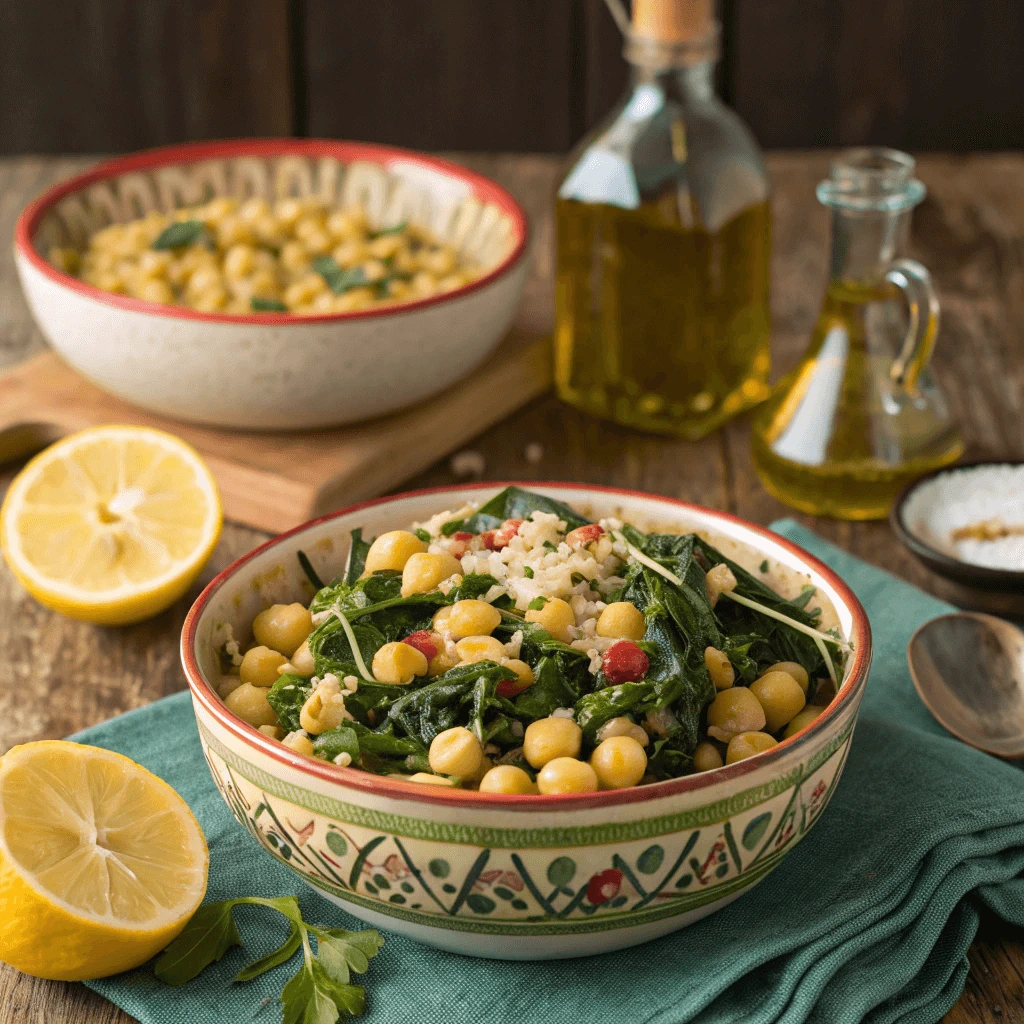 Close-up of Mediterranean healthy ditalini pasta with chickpeas and spinach, garnished with lemon zest