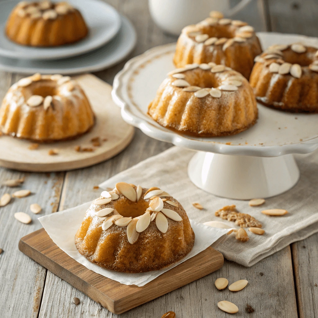 perfect Mini bundt cakes with a light glaze and sliced almonds on top.