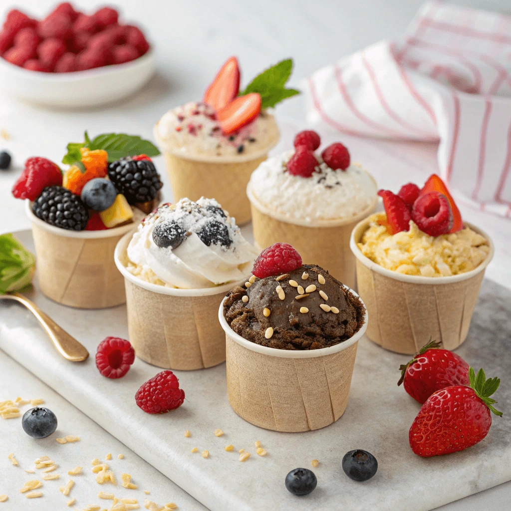 Mini ice cream cups with a variety of toppings such as berries and coconut
