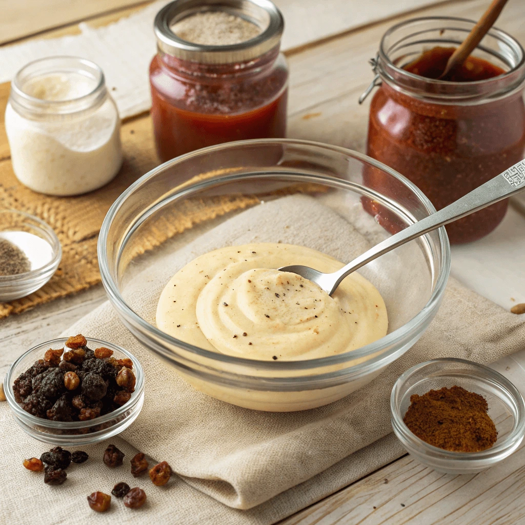 Mixing ingredients to make Copycat Raisin Cane's Sauce in a glass bowl