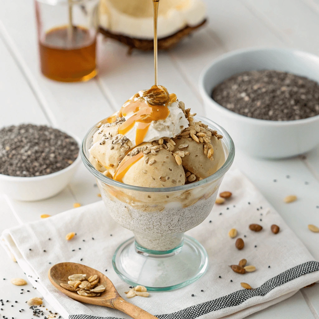 Healthy homemade ice cream cup with chia seeds and coconut flakes