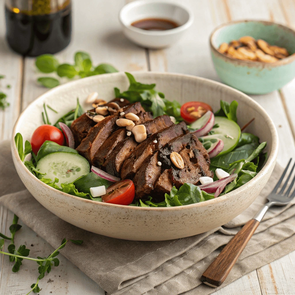Healthy steak salad with arugula, romaine, nuts, and balsamic vinaigrette dressing