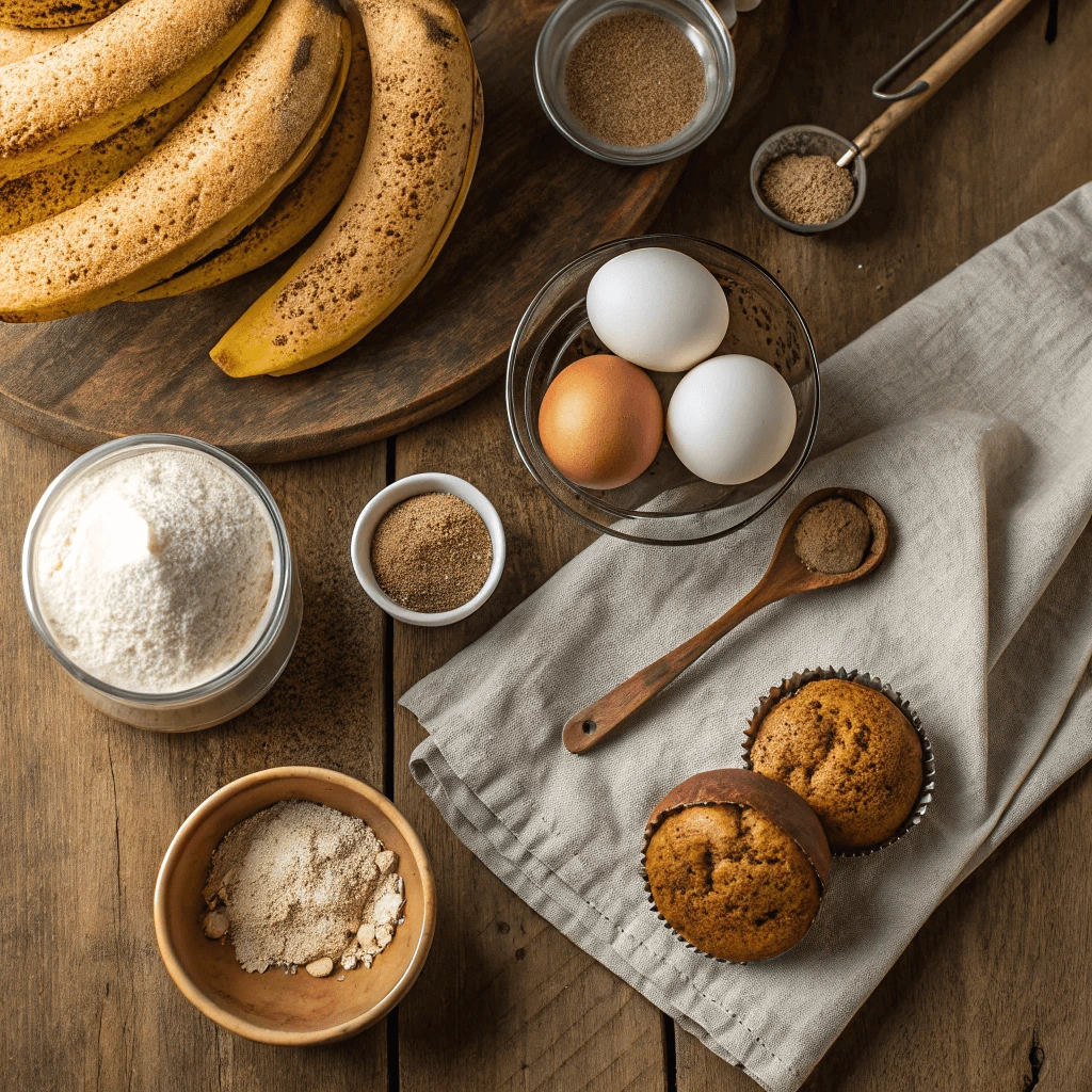 Key ingredients for sourdough banana muffins including ripe bananas and sourdough starter