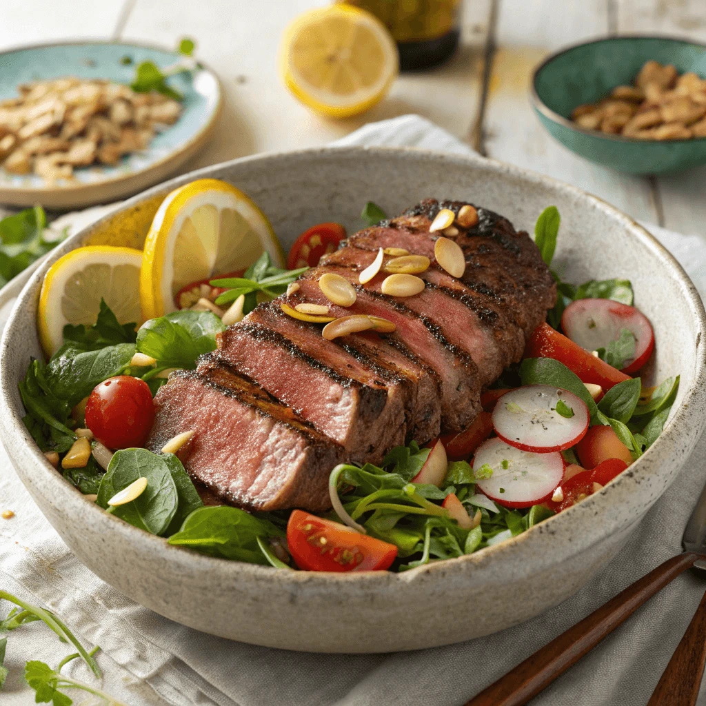 Pan-seared sirloin steak slices arranged on a salad with arugula, spinach, nuts, and seeds