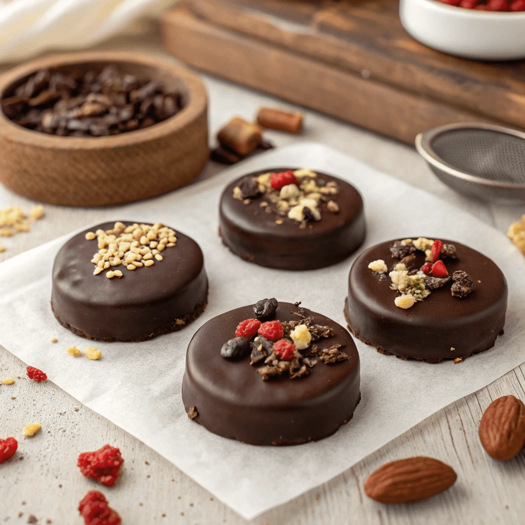 Finished healthy chocolate covered Oreos arranged on a serving plate with decorative sprinkles