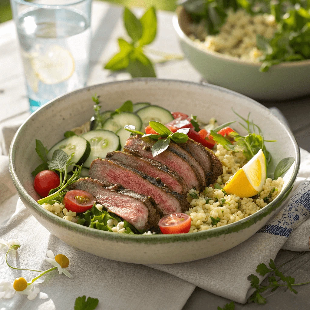 Summer steak salad with quinoa, mixed greens, and chopped herbs in a glass bowl