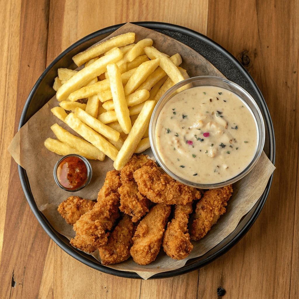 Serving platter with fries, chicken tenders, and a bowl of Easy Raisin Cane's Sauce
