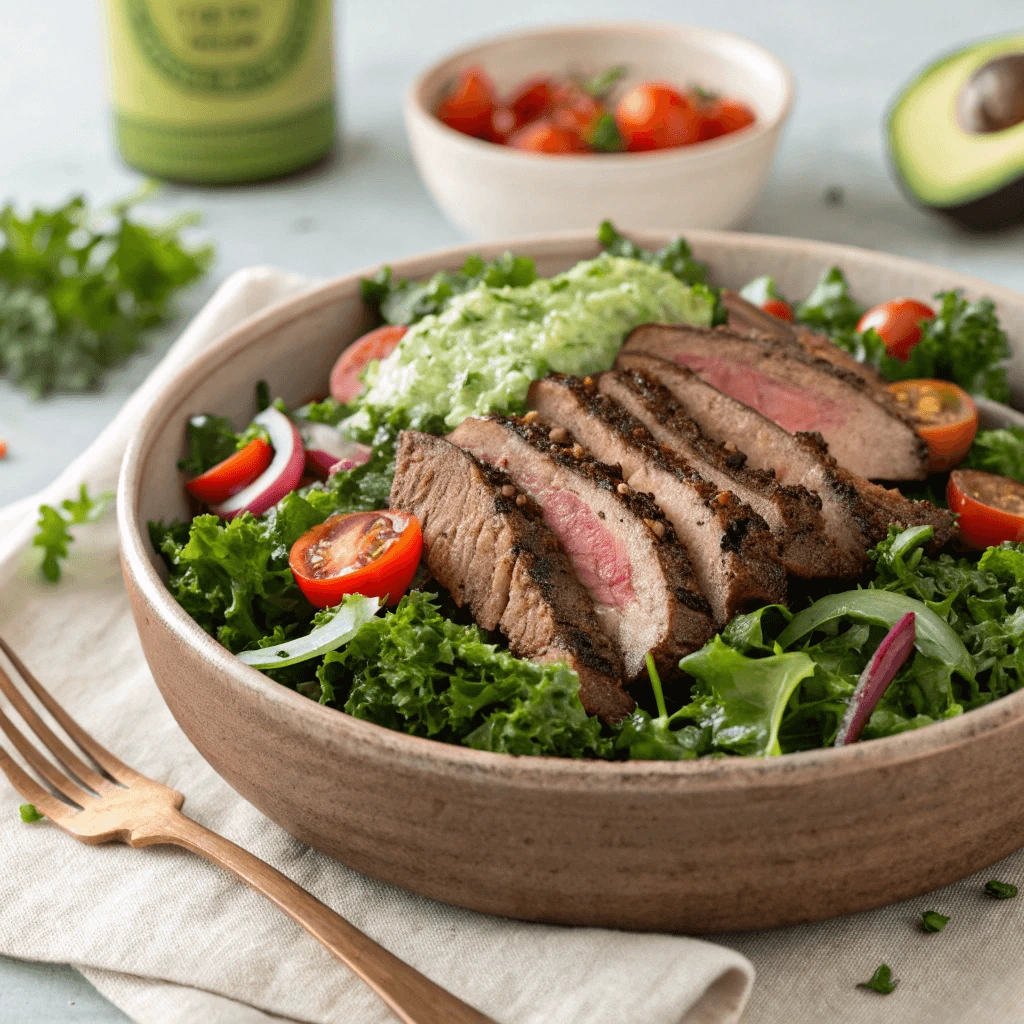 Flank steak salad with spinach, fresh herbs, avocado, and a creamy dressing drizzled on top
