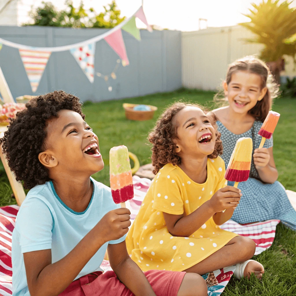 Smiling children enjoying easy and refreshing popsicles in the backyard